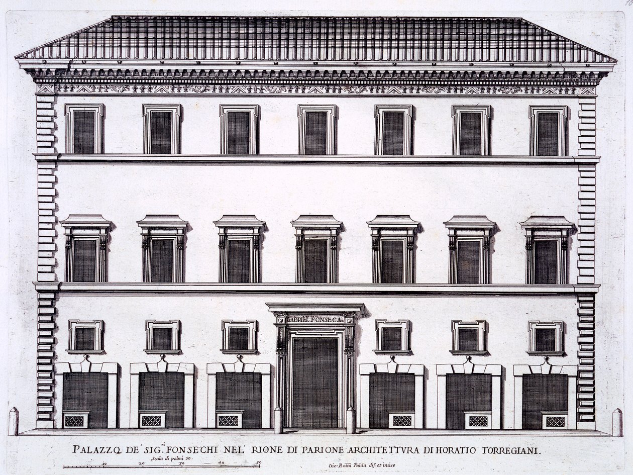 Fonseca-suvun palatsi, Rooma, teoksesta "Palazzi di Roma", osa II, julkaistu 1670-luvulla. tekijältä Pietro Ferrerio