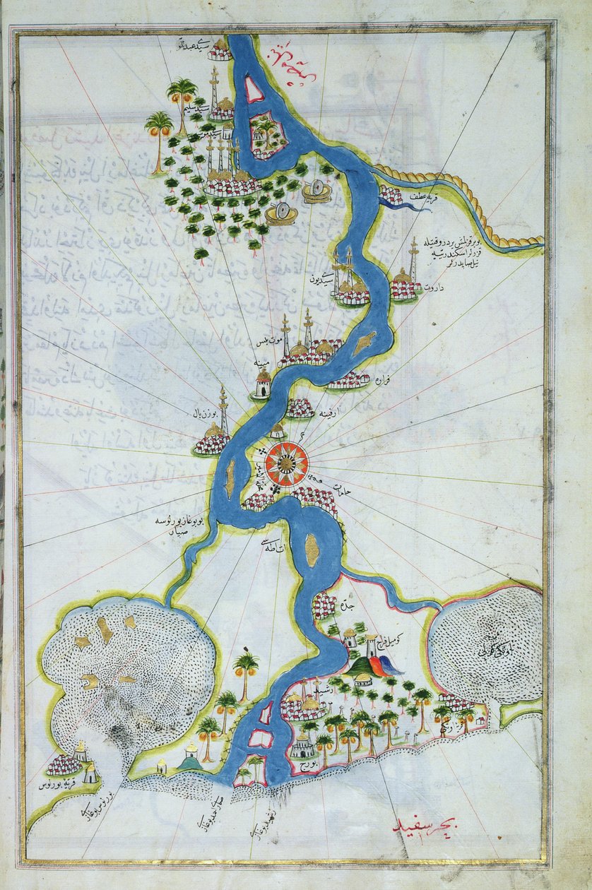 MS W.658 fol.304v Niilin kartta Kitab-I Bahriyelta (tempera, kulta ja muste paperilla) tekijältä Piri Reis
