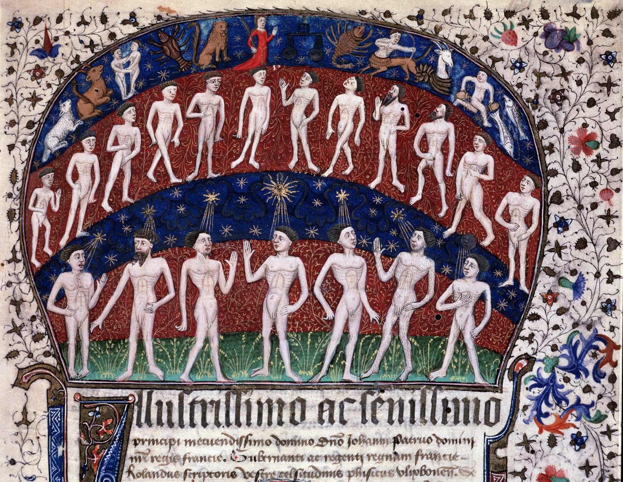 Lissabon, MS 52-XIII-18 f.1r, miniatyyri, joka esittää elinten ja planeettojen välisiä vastaavuuksia ja tähtien vaikutusta tunnelmiin, teoksesta Physionomia Rolandi Ulixbonensis, Rolandus Scriptoris tekijältä Portuguese School