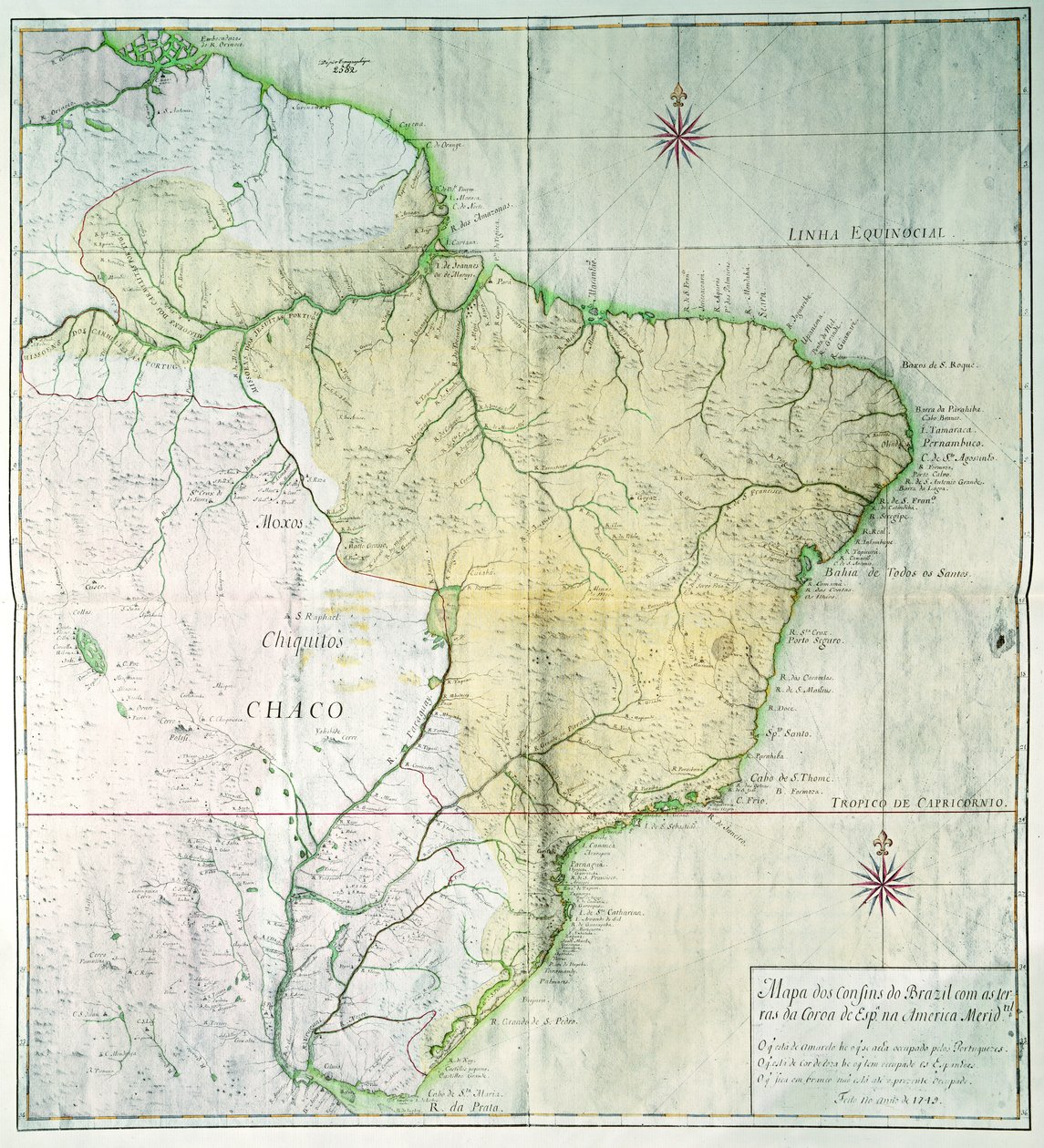 Brasilian kartta, 1749 (värikaiverrus) tekijältä Portuguese School