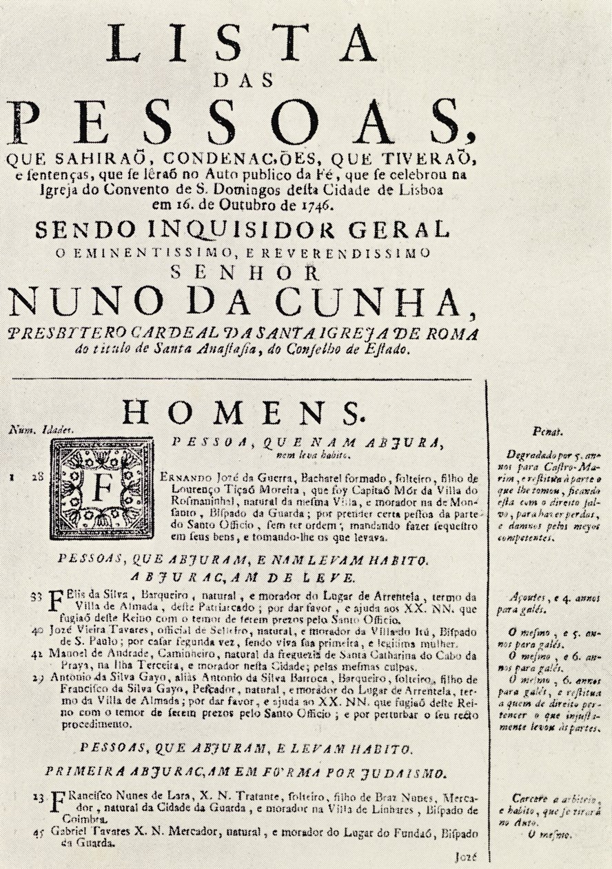 Lissabonissa vuonna 1746 pidetyn Auto da Fe -tapahtuman ohjelma, Cecil Rothin teoksesta "The Spanish Inquisition", julkaistu 1937. tekijältä Portuguese School