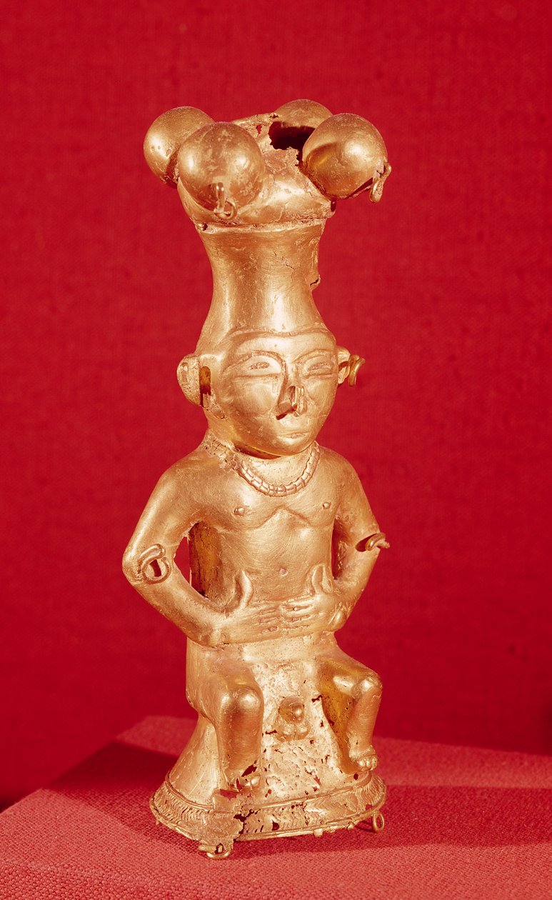 Istuvan miehen muotoinen Quimbaya-astia Kolumbiasta (kultaa). tekijältä Pre Columbian