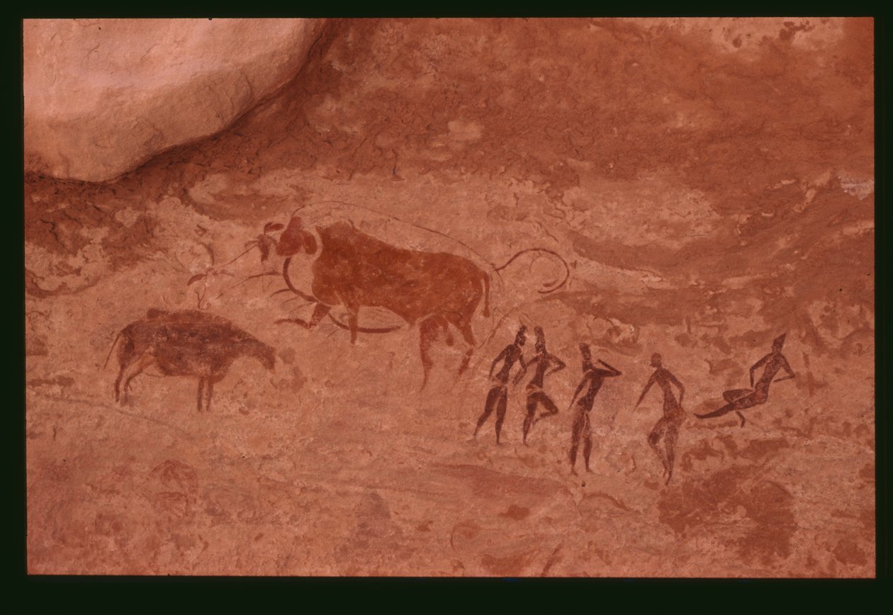 Lehmät ja ihmishahmot (kalliomaalaus) tekijältä Prehistoric