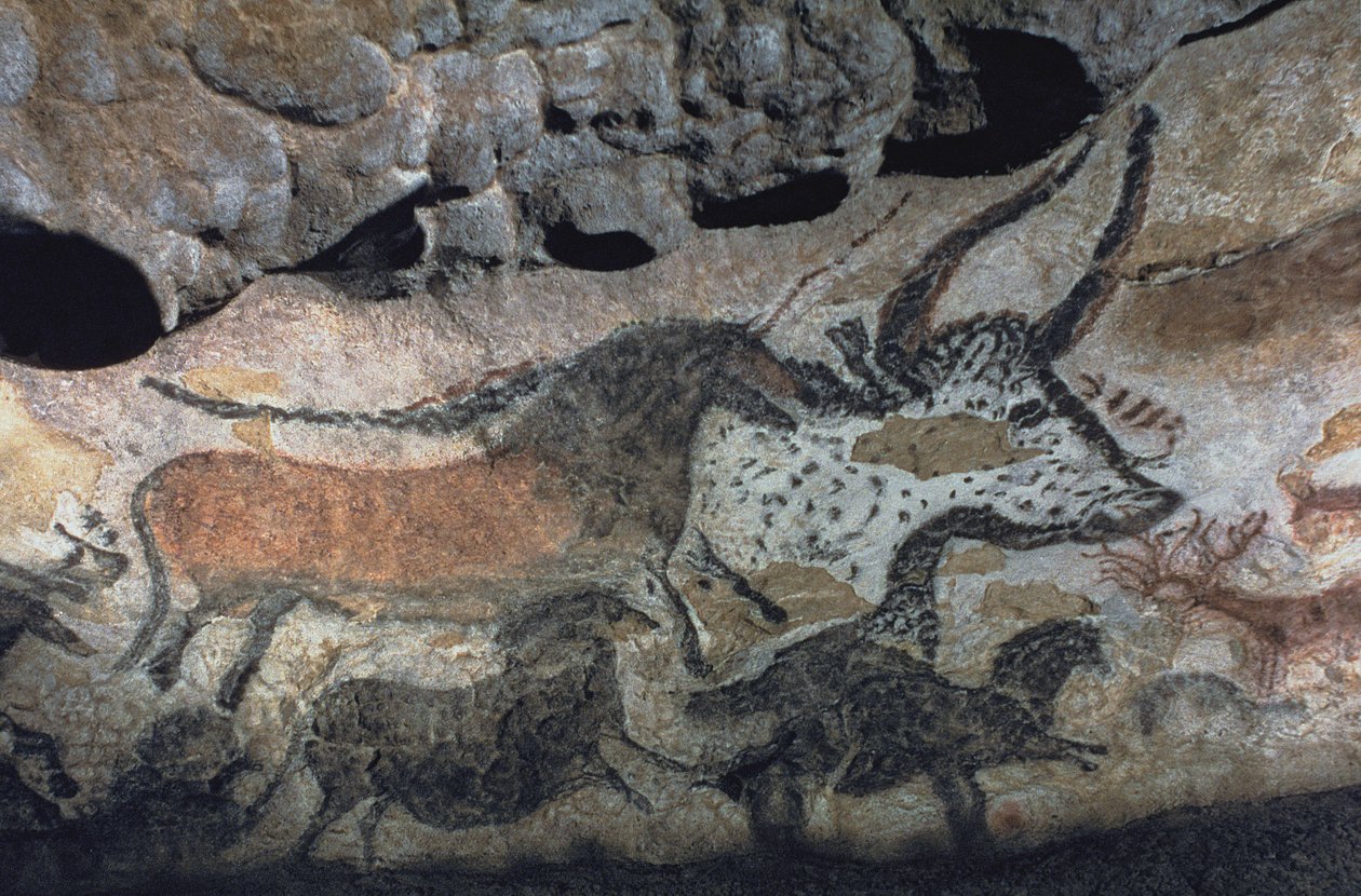 Kalliomaalaus härästä ja hevosista, n. 17000 eKr. (luolamaalaus) tekijältä Prehistoric