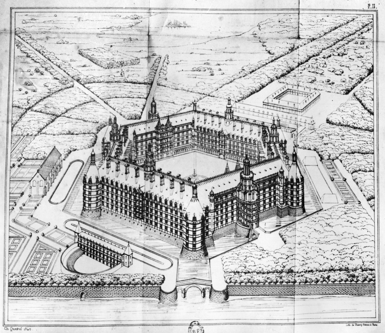 Theleme Abbeyn rekonstruktio, kuvitus Charles Lenormantin (1802-59) teoksesta Rabelais ja renessanssin arkkitehtuuri, Pariisi, julkaistu 1840 tekijältä Questel