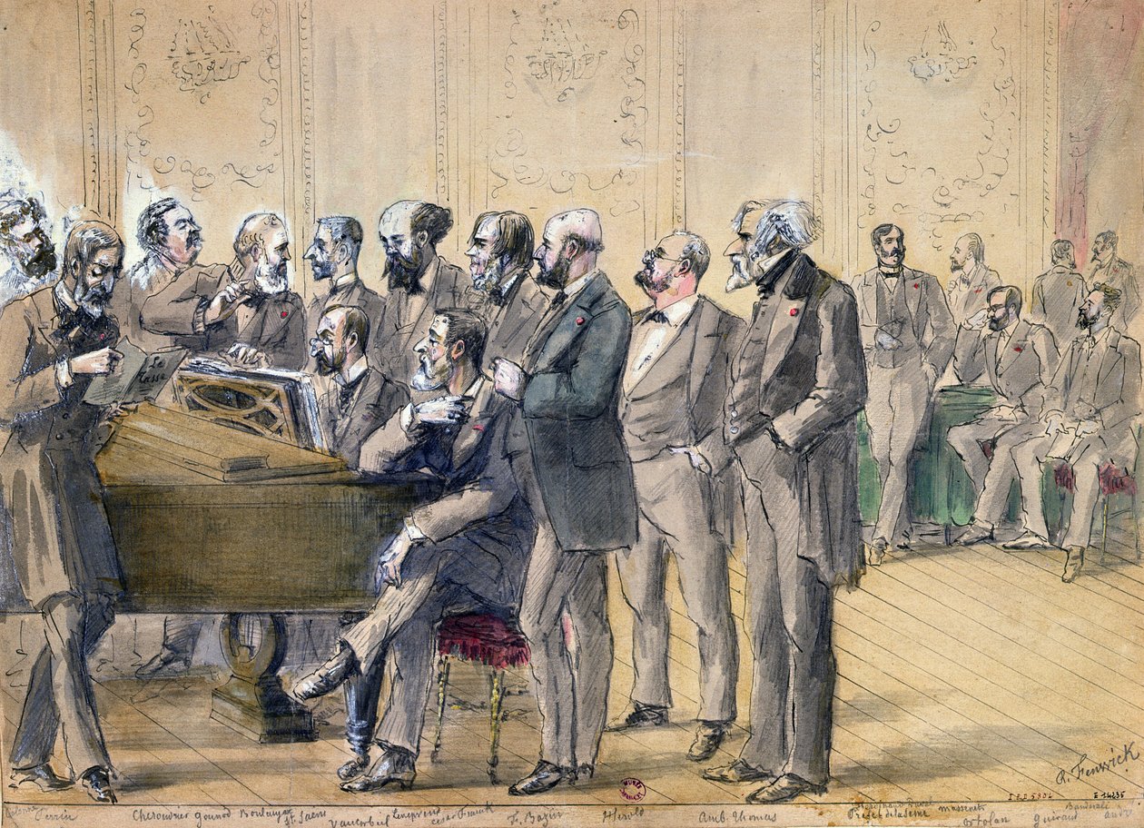 Pariisin konservatorion tuomaristo, n. 1871 (kynä, muste ja tussi paperille) tekijältä R. Fenwick