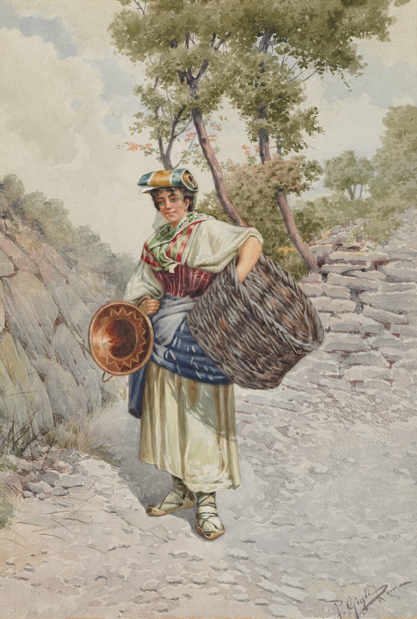 Talonpoikatyttö kivisellä tiellä, 1800-luku. tekijältä R. Gigli