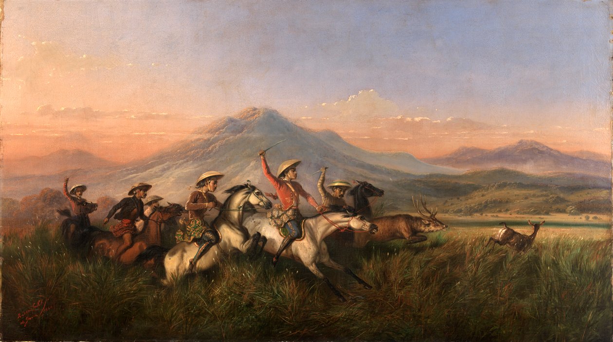 Kuusi ratsumiestä jahtaamassa peuroja, 1860. tekijältä Raden Saleh