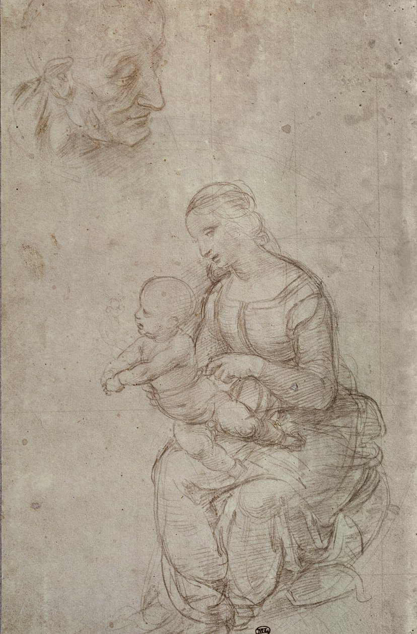 Madonna ja lapsi ja vanhan miehen pää (metallikärki valmiilla vaaleanpunaisella paperilla) tekijältä Raffaello Sanzio Raphael