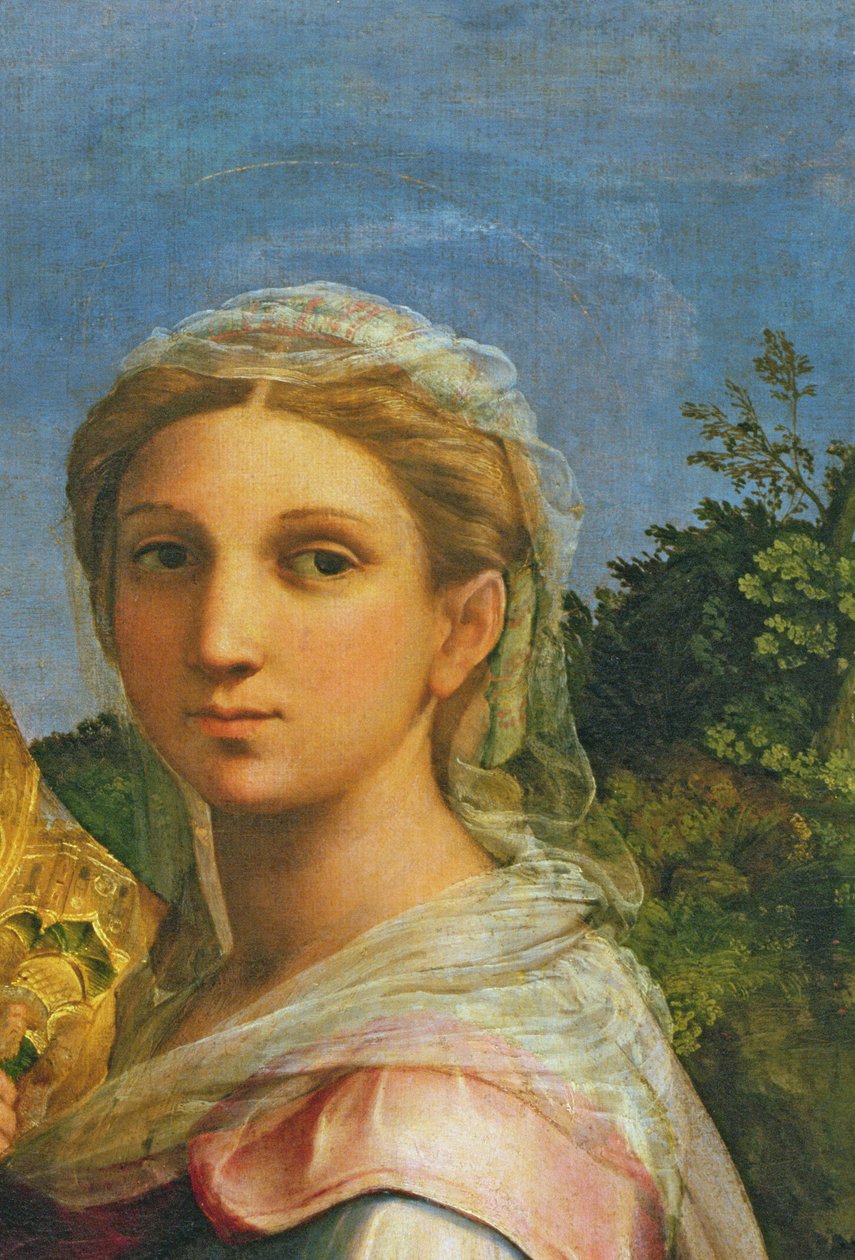Pyhä Cecilia Pyhän Paavalin, Pyhän Johannes evankelistan, Pyhän Augustinuksen ja Magdalan Marian ympäröimänä, n. 1513 yksityiskohta vuodelta 182507) tekijältä Raffaello Sanzio Raphael