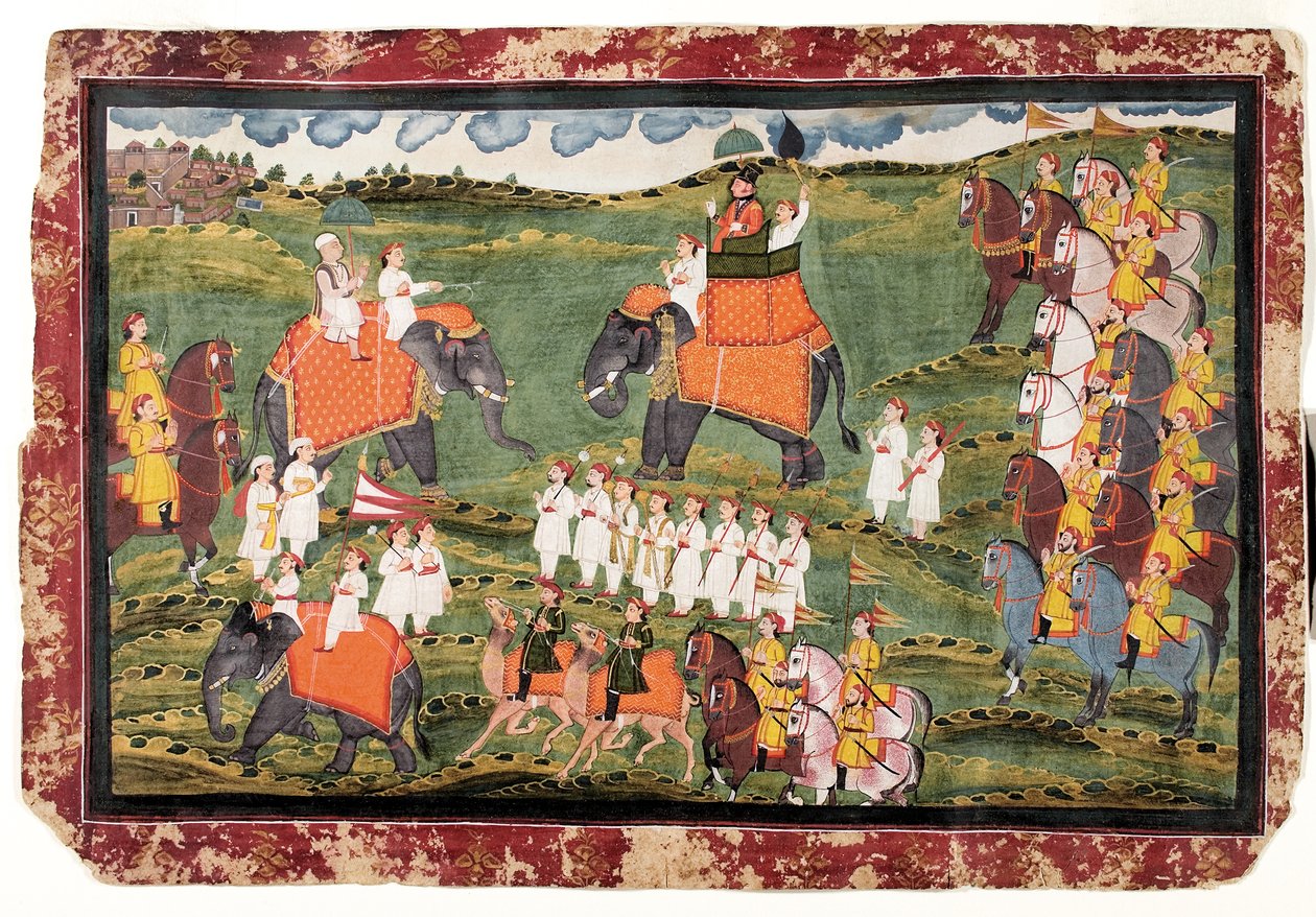 Eversti James Tod ja Guru Gyanchandra ratsastavat norsuilla lähellä Udaipuria, lokakuu 1822 tekijältä Rajasthani School