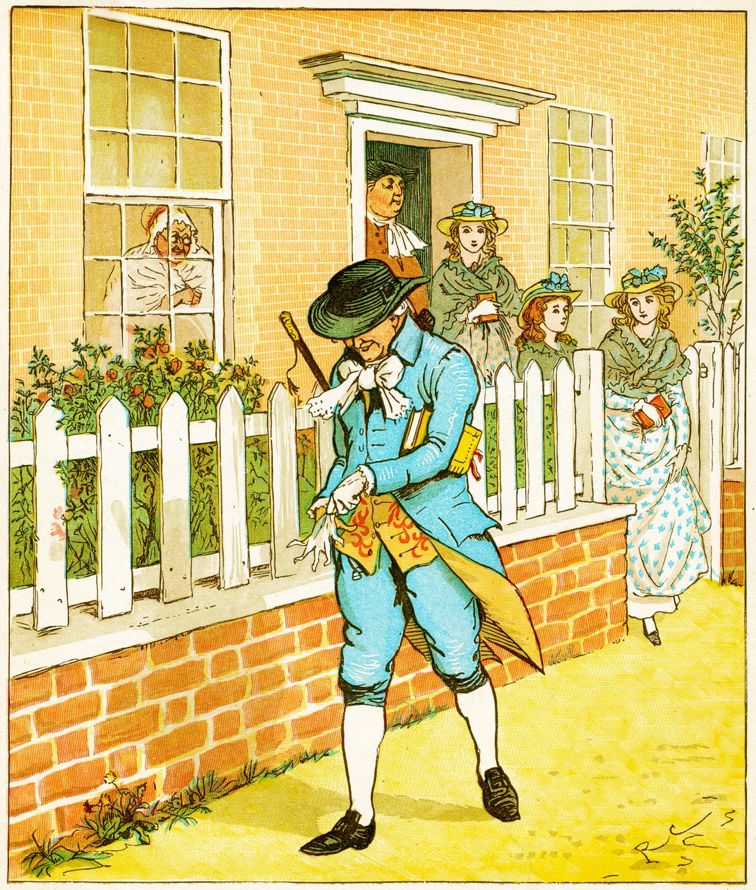 Islingtonissa asui mies, jolle maailma saattoi sanoa, että se oli edelleen jumalallinen rotu, hän juoksi kuvituksen Oliver Goldsmithin Elegian hullulla koiralla, 1879. tekijältä Randolph Caldecott