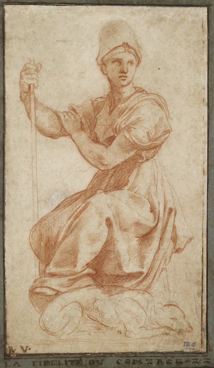 Allegorinen naishahmo (punainen liitu paperille) tekijältä Raffaello Sanzio Raphael