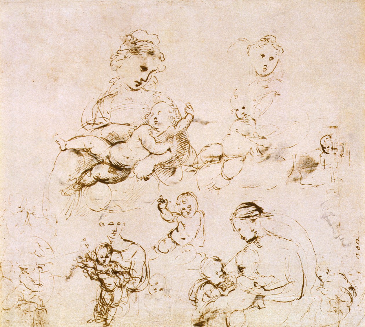 Useita tutkimuksia madonnasta ja lapsesta (kynä ja muste) tekijältä Raffaello Sanzio Raphael