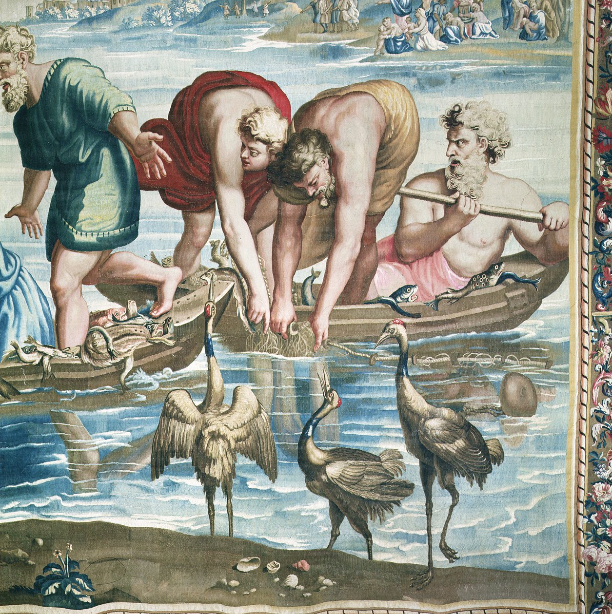 Apostolien tekoja kuvaava kuvakudos, Ihmeellinen kalasaalis, yksityiskohta kalastajista, jotka asentavat verkkoaan, kudottu Beauvais Workshopissa Philippe Behaglen johdolla 1641-1705 tekijältä Raffaello Sanzio Raphael