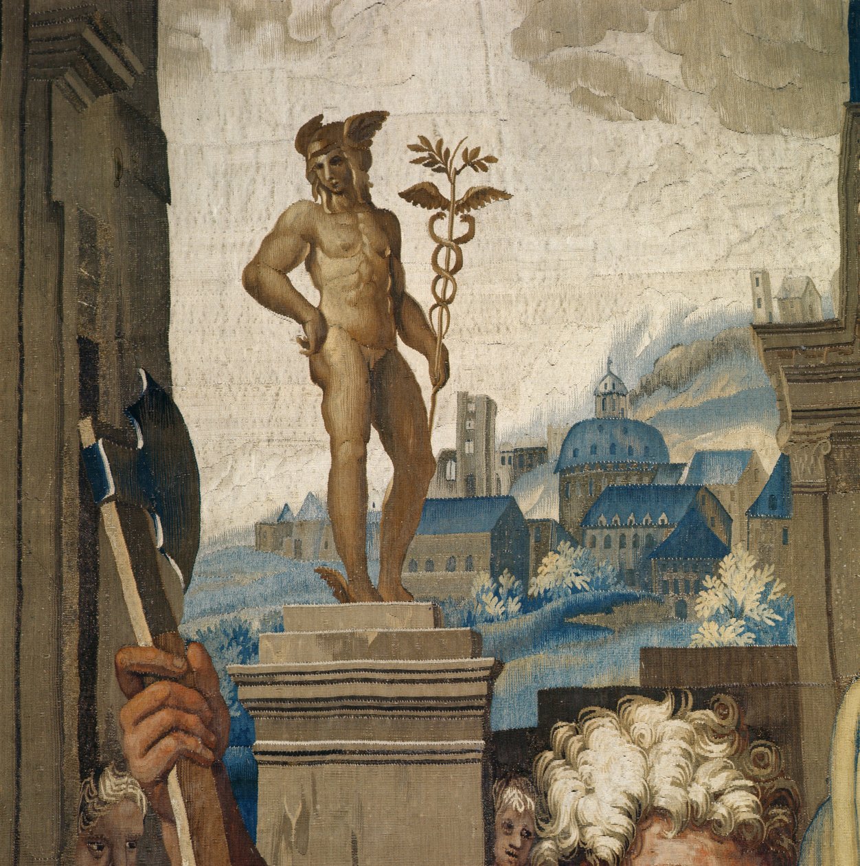 Apostolien tekoja kuvaava kuvakudos, Lystran uhri, yksityiskohta Merkuriusta edustavasta patsaasta, kudottu Beauvais Workshopissa Philippe Behaglen johdolla 1641-1705, tekijältä Raffaello Sanzio Raphael