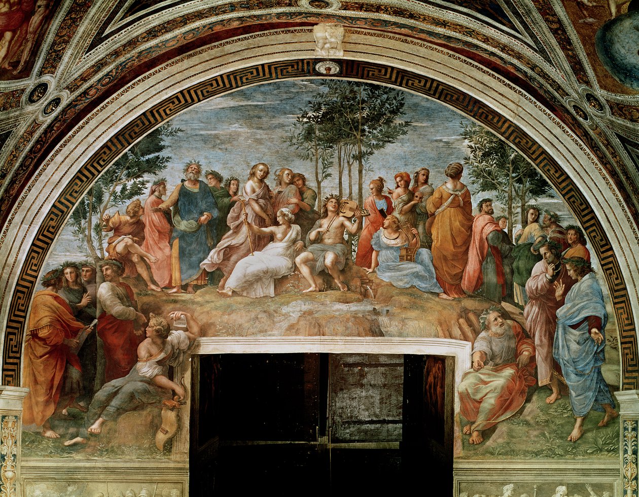 Parnassus, Stanza delle Segnatura, 1510-11 (katso myös 838) tekijältä Raffaello Sanzio Raphael