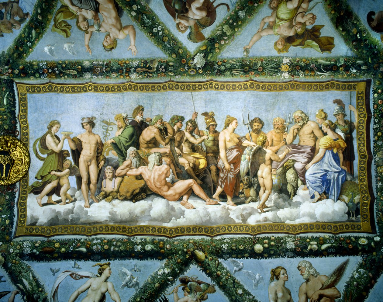 Jumalten neuvosto, yksityiskohta Cupidon ja Psychen loggiasta, 1518 tekijältä School of Raphael
