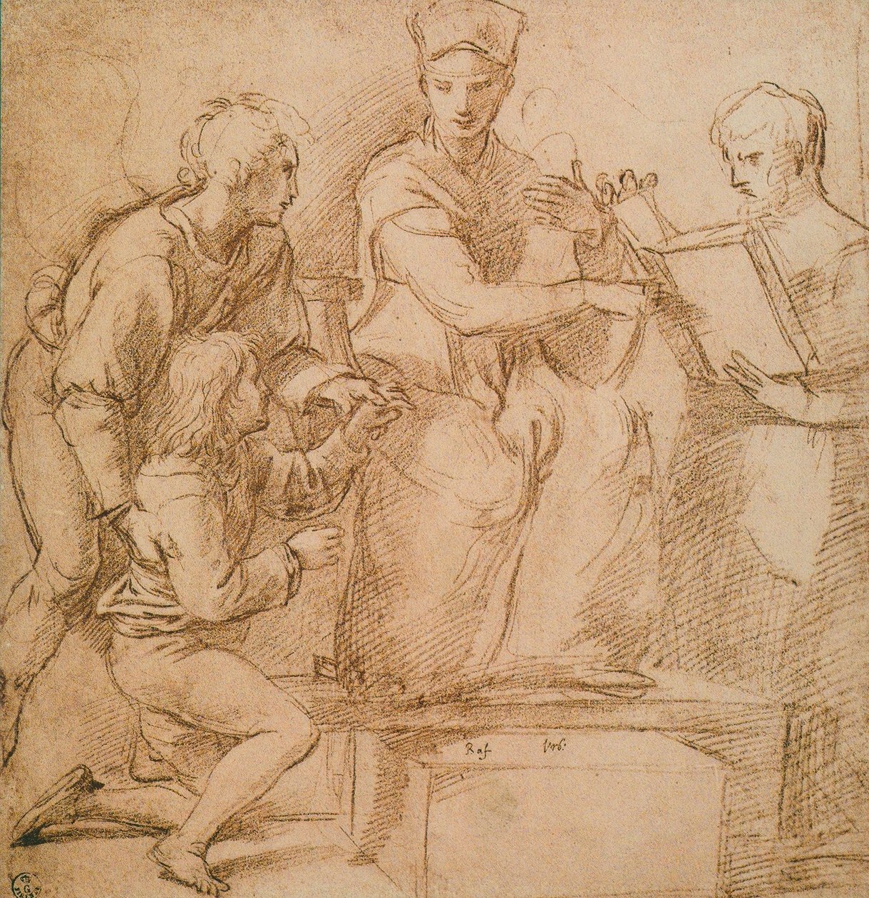 Neljä hahmoa (Madonna ja lapsi?), Rafaelin piirustus. Piirustus- ja grafiikkakaappi, Uffizi-galleria, Firenze tekijältä Raffaello Sanzio Raphael