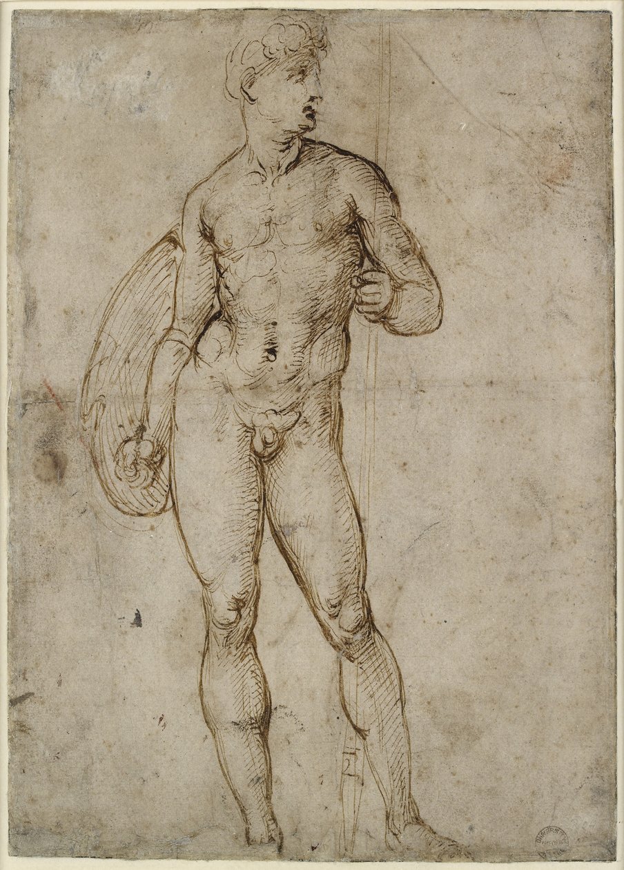 Recto: Nuorekas soturi, WA1846.163 (kynä ja ruskea muste, joitain mahdollisesti toisiinsa liittymättömiä sokeita kynän jälkiä) tekijältä Raffaello Sanzio Raphael