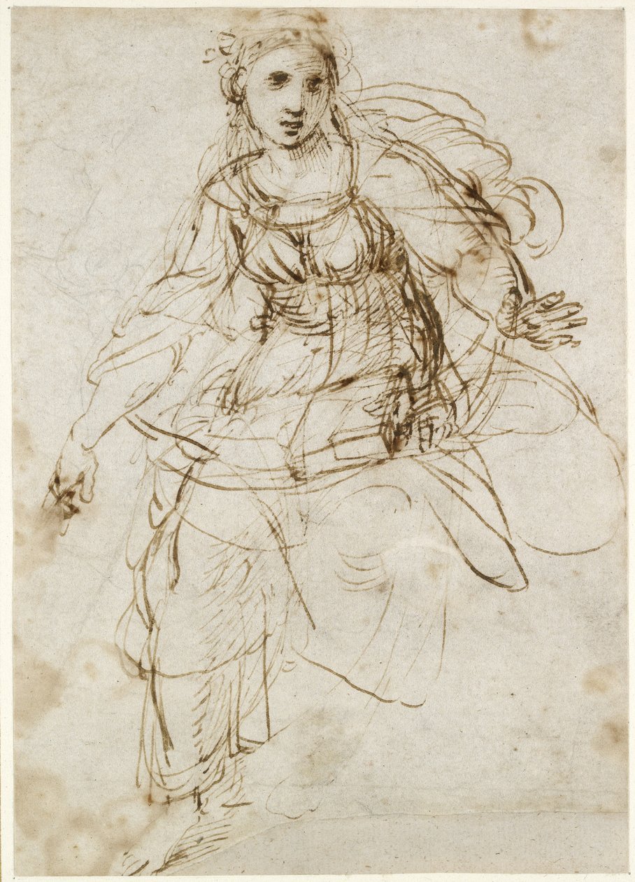 Recto: Teologian allegorinen hahmo, WA1846.195 (kynä ja ruskea muste, erilliset lyijykärjet peräsuolessa) tekijältä Raffaello Sanzio Raphael