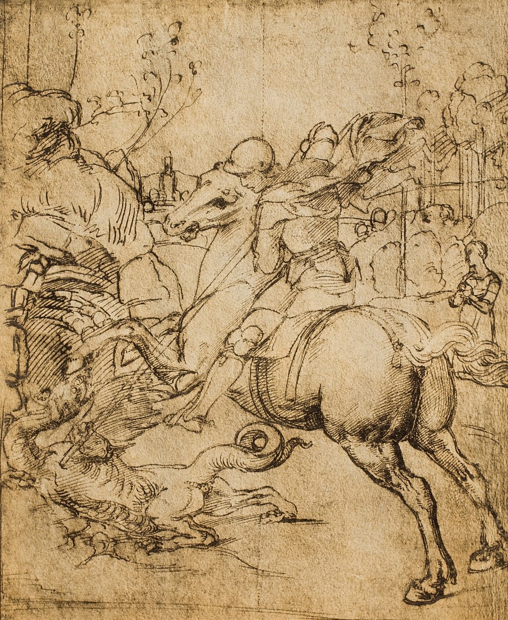 St. George tappaa lohikäärmeen; piirustus Raphael. Piirustus- ja grafiikkakaappi, Uffizi-galleria, Firenze tekijältä Raffaello Sanzio Raphael