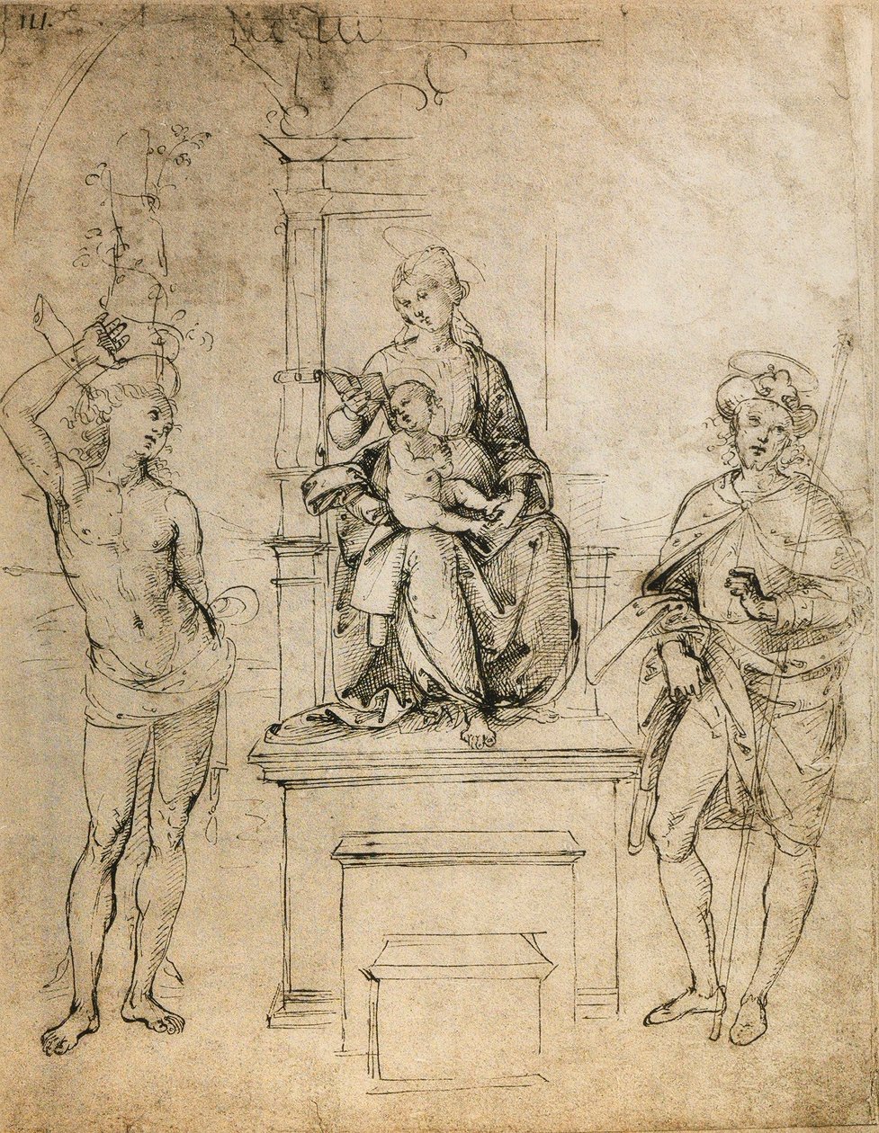 Neitsyt, Jeesus-lapsi, Pyhä Sebastian ja Pyhä Rocco; Rafaelin piirros. Louvre, Pariisi tekijältä Raffaello Sanzio Raphael
