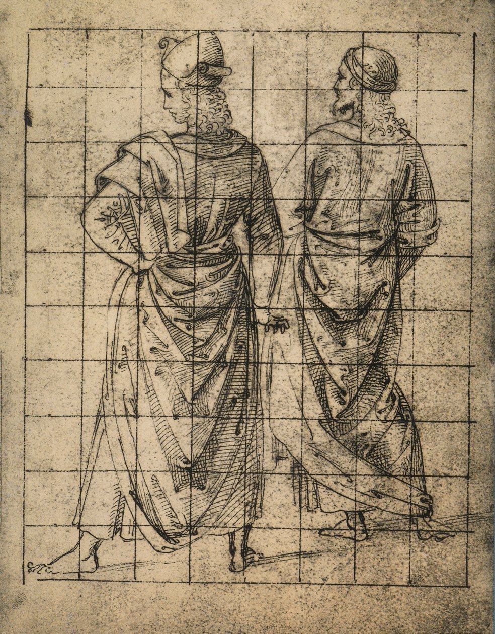 Kaksi seisovaa mieshahmoa, takaa katsottuna; piirustus Raphael. Gallerie dell