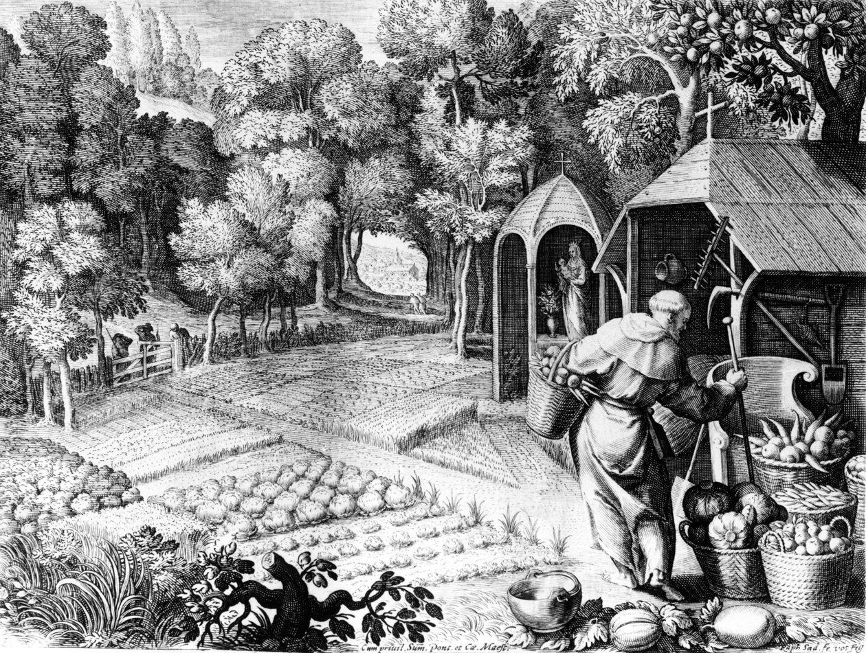 Pyhä Fiacre puutarhassaan, n. 1580-1620 tekijältä Raphael I Sadeler