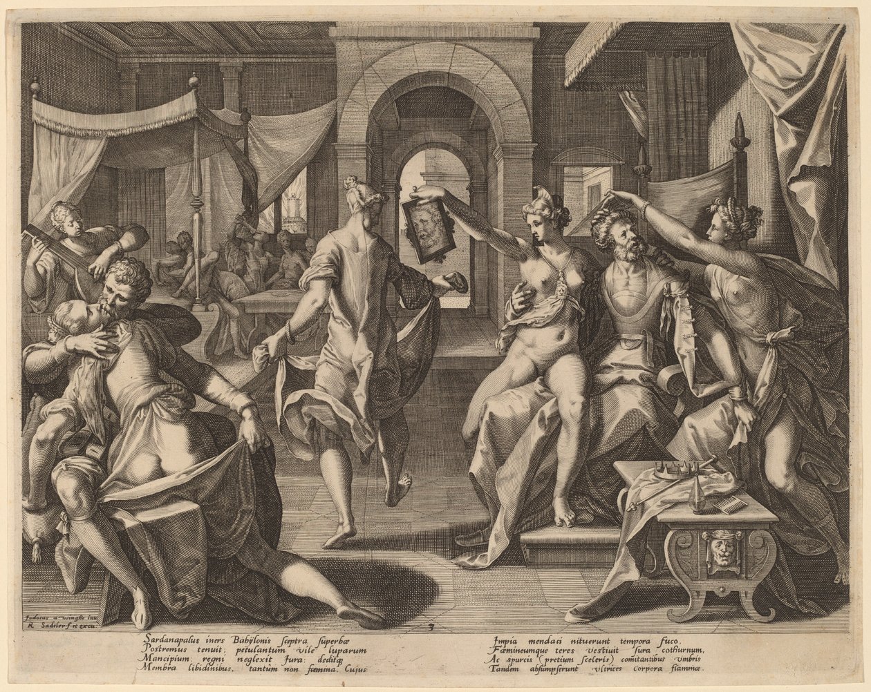 aSardanapalus entre les concubines, 1589. finlandès tekijältä Raphael Sadeler