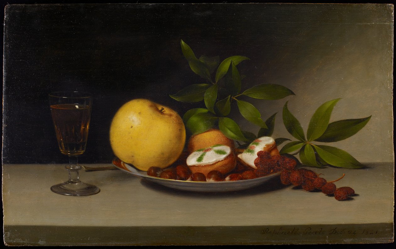 Hedelmiä, kakkuja ja viiniä sisältävä asetelma, 1821 tekijältä Raphaelle Peale