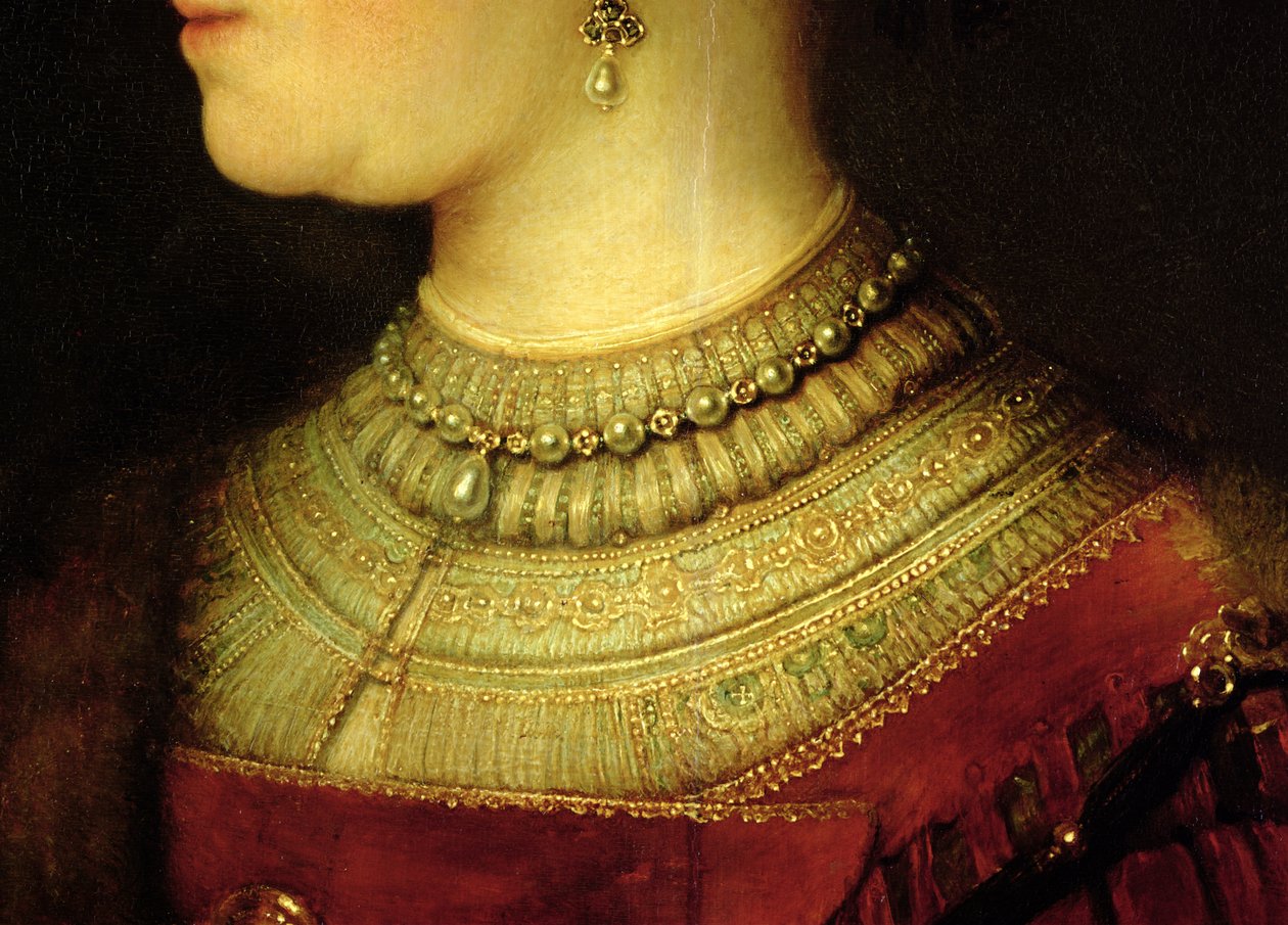 Muotokuva Saskia van Uylenburghista (1612-42) rikkaassa puvussa (yksityiskohta) (katso 244316) tekijältä Rembrandt van Rijn