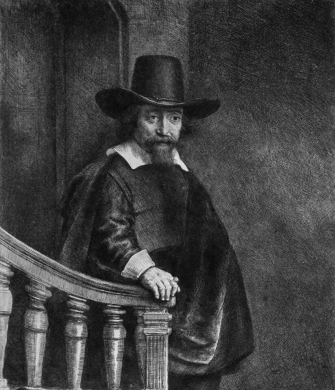 Ephraim Bonus, joka tunnetaan nimellä "Juutalainen, jolla on kaide" 1647. tekijältä Rembrandt van Rijn