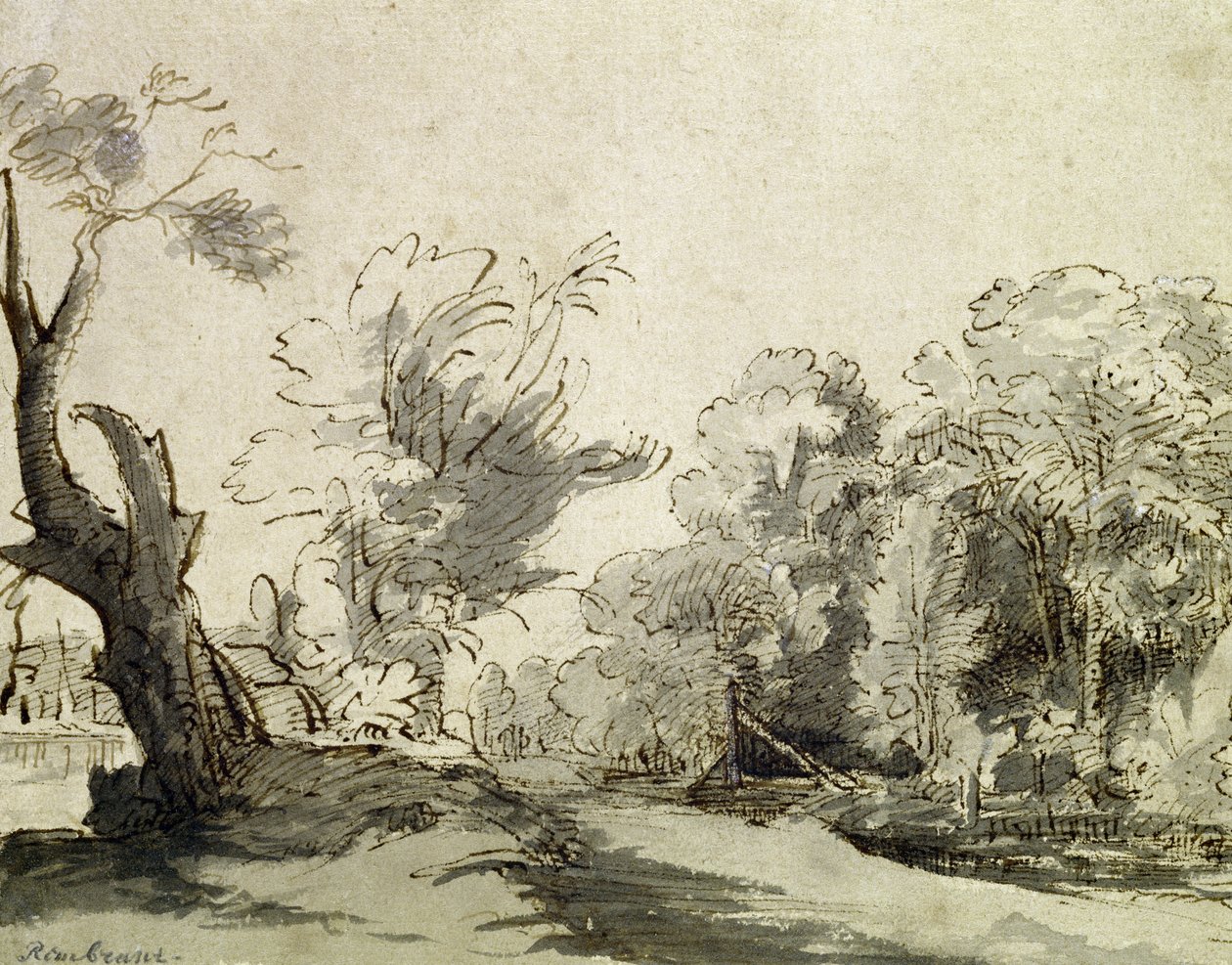 Maisema, jossa polku, vasemmalla melkein kuollut puu ja oikealla maatilalle johtava kävelysilta (kynä, muste ja pesu paperille) tekijältä Rembrandt van Rijn