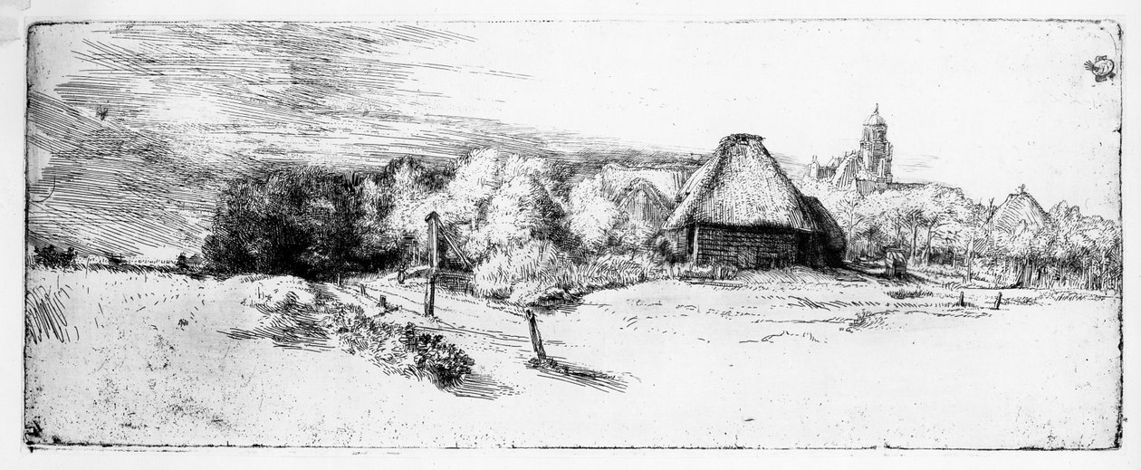 Maisema ja torni, noin 1651 tekijältä Rembrandt van Rijn