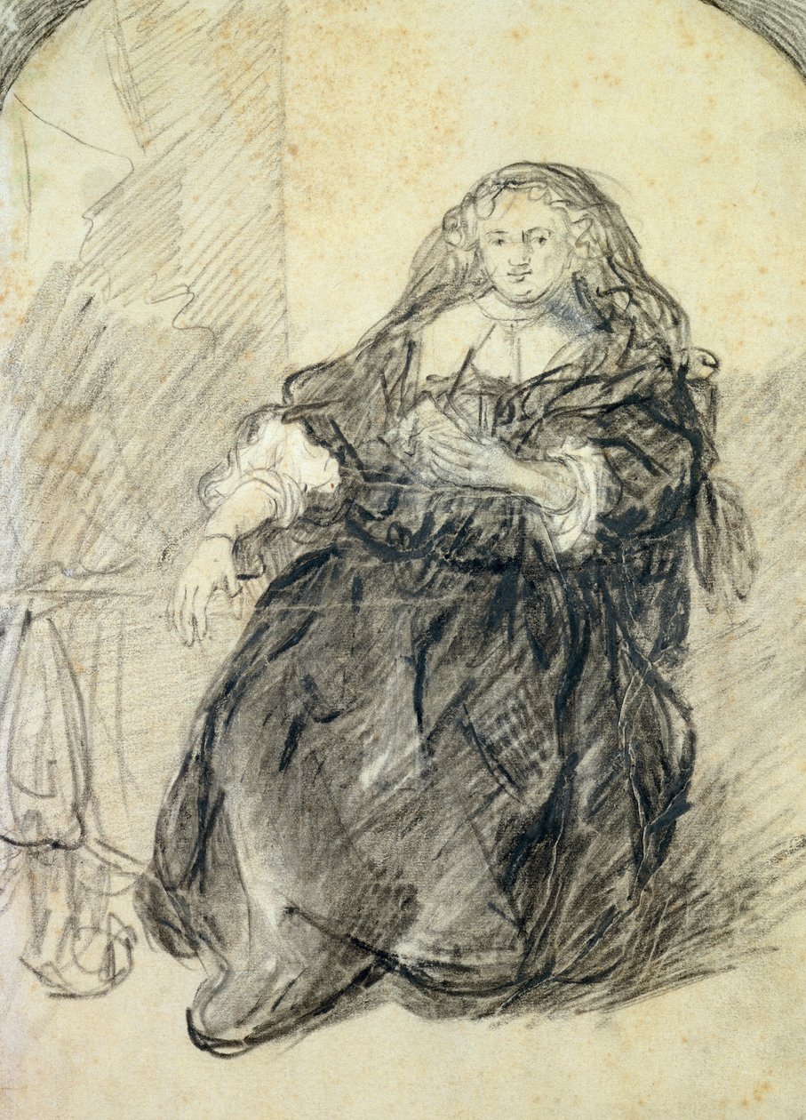 Istuva Saskia kirje vasemmassa kädessään (musta liitu ja valkoinen vartaloväri paperilla) tekijältä Rembrandt van Rijn