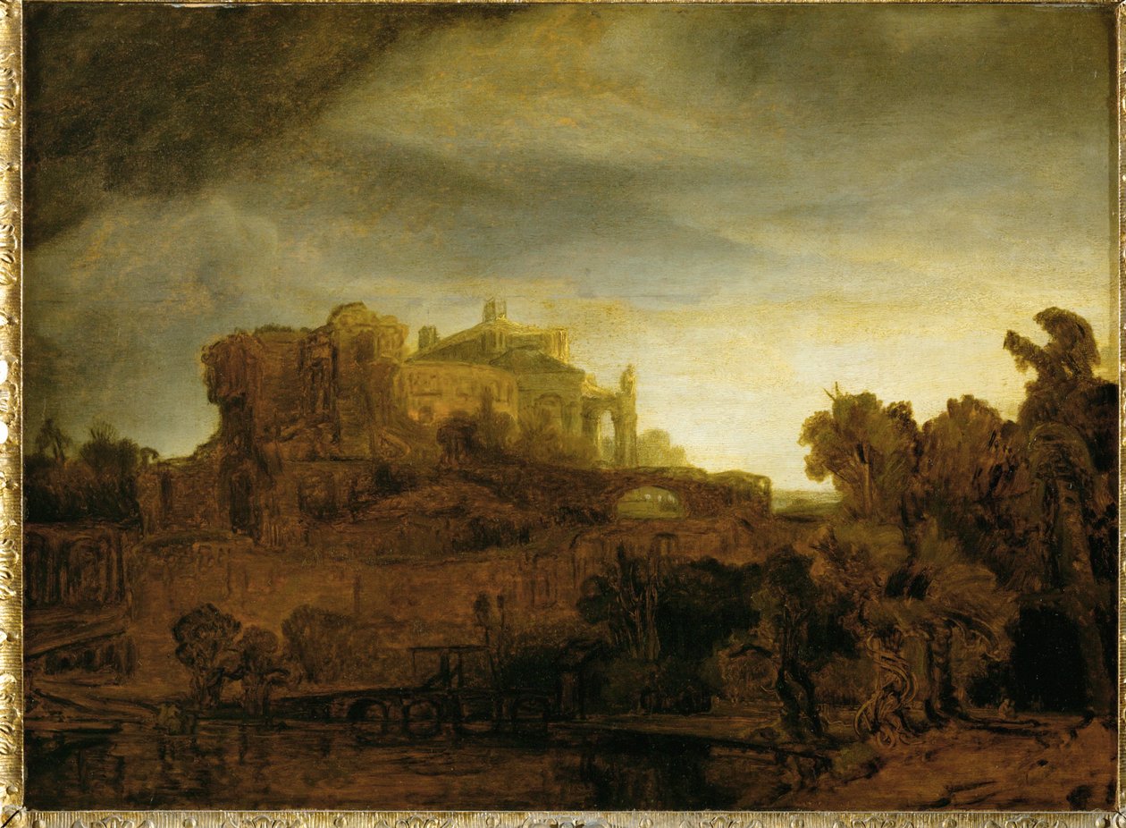 Linna hämärässä ... tekijältä Rembrandt Harmensz. van Rijn