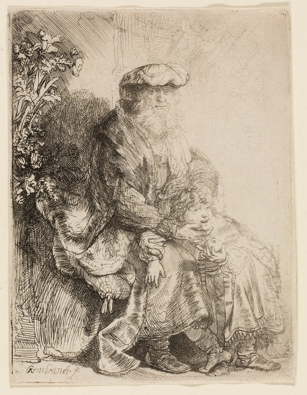 Abraham hyväilee Iisakia tekijältä Rembrandt van Rijn