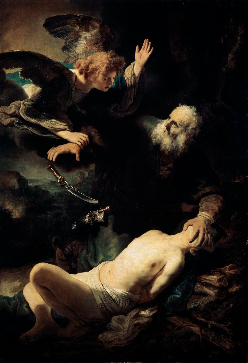 Abraham uhraa Iisakin, 1635. tekijältä Rembrandt van Rijn