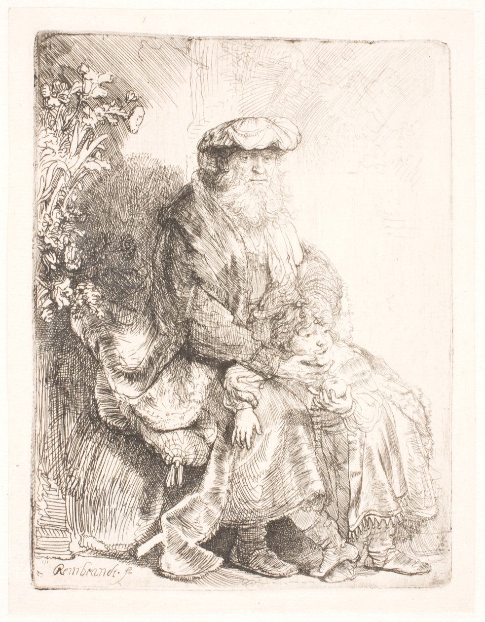 Abraham hyväilee Iisakia tekijältä Rembrandt van Rijn