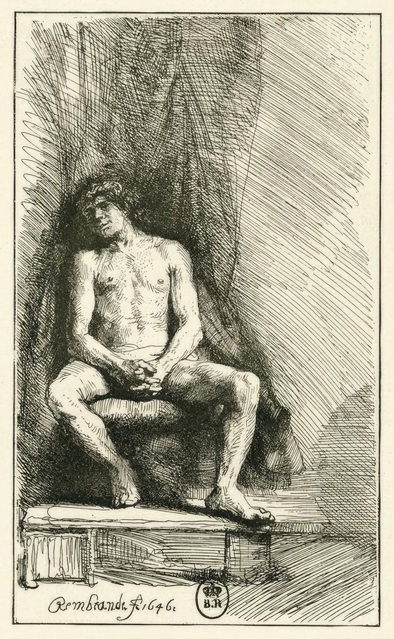 Männlicher Akt, sitzend tekijältä Rembrandt van Rijn