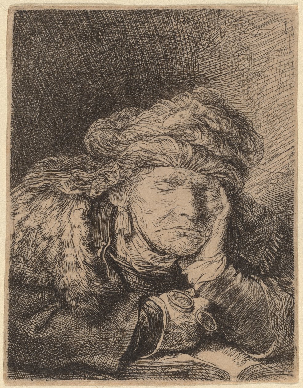 Vanha nainen nukkuu tekijältä Rembrandt van Rijn