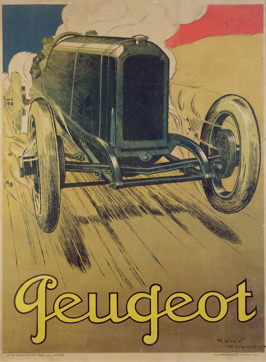 Peugeot-kilpa-autoa mainostava juliste, n. 1918 tekijältä Rene Vincent