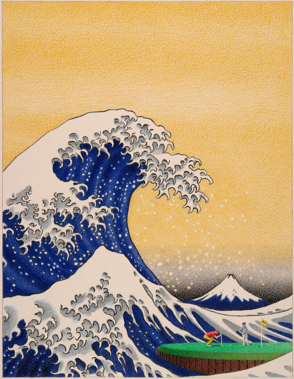 HOKUSAI-Golf, 2021, Värikynäpiirros paperille tekijältä Rene Boin