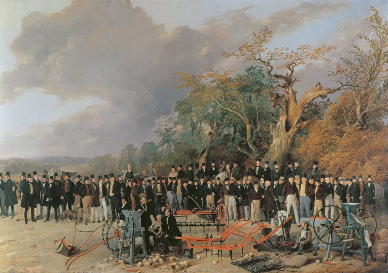 Englannin kuninkaallisen maatalousseuran kokous Bristolissa, yksityiskohta koneista ja viljelijöistä, 1842 tekijältä Richard Ansdell
