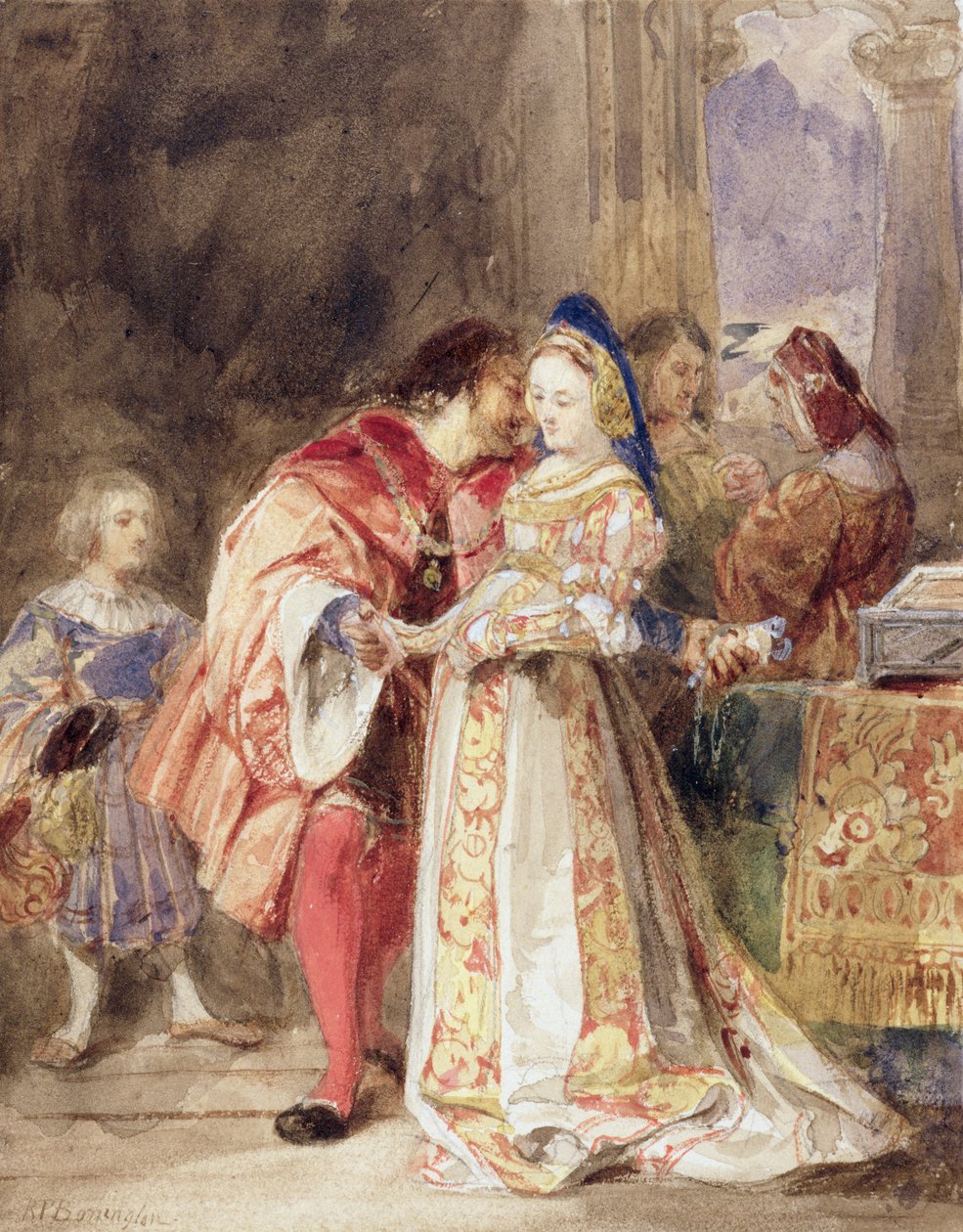 Portia ja Bassanio, n. 1826 (wc, ruskea muste, vartaloväri ja grafiitti paperille) tekijältä Richard Parkes Bonington
