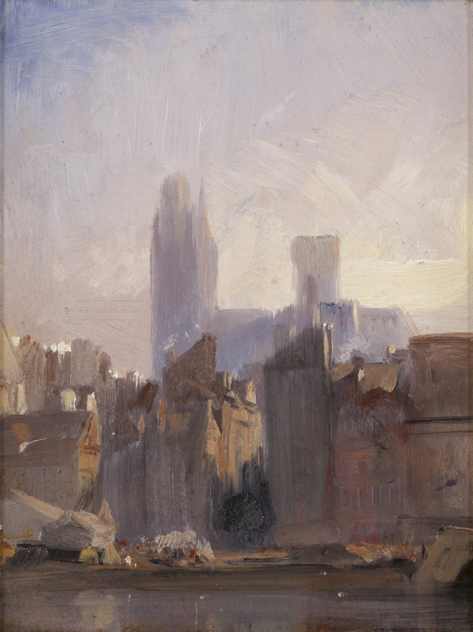 Rouenin katedraali, auringonnousu, 1825 (öljy myllylevylle) tekijältä Richard Parkes Bonington