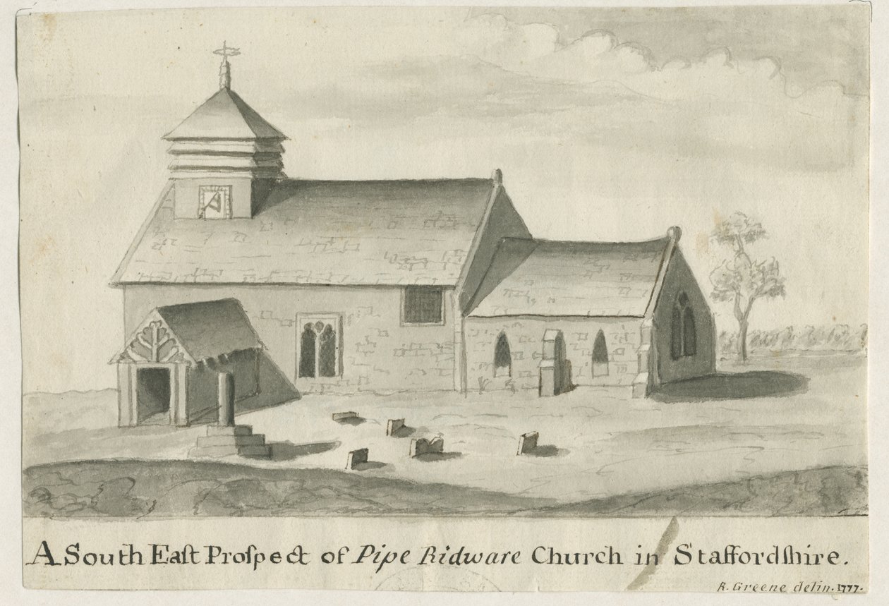 Pipe Ridware Church: seepiamaalaus, 1777 tekijältä Richard Greene