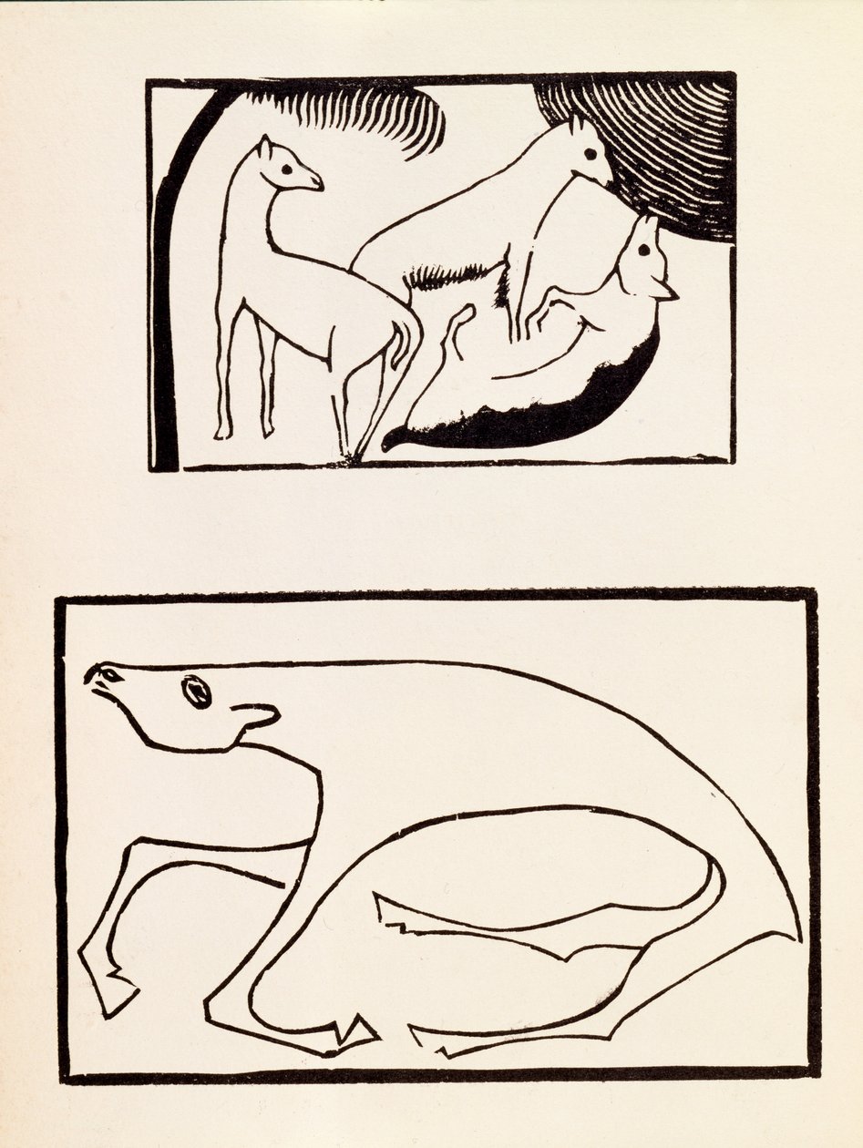 The Animals, kuvitus teoksesta, joka sisältää seitsemän taiteilijan puupiirroksia, julkaissut Omega Workshops Ltd, Lontoo, 1918 puupiirros tekijältä Roald Kristian