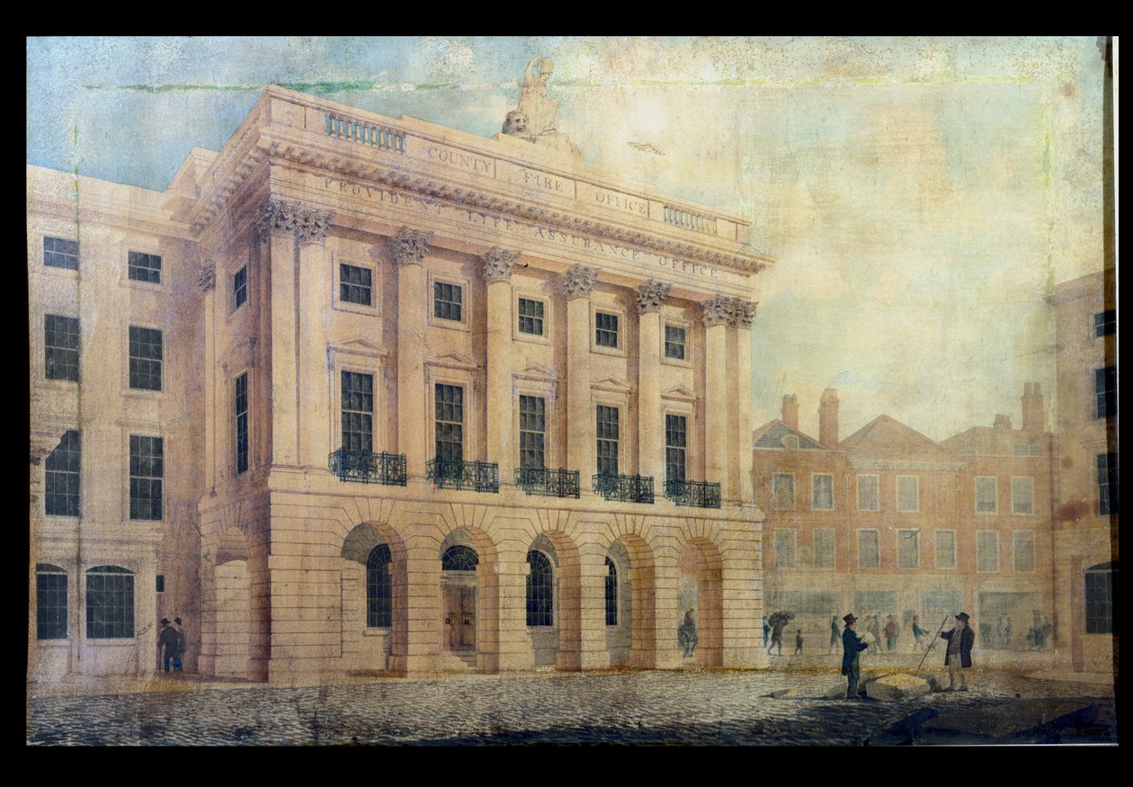 County Fire Office Regent Streetillä, Lontoo, 1819 (tussi ja tussi paperille). tekijältä Robert Abraham